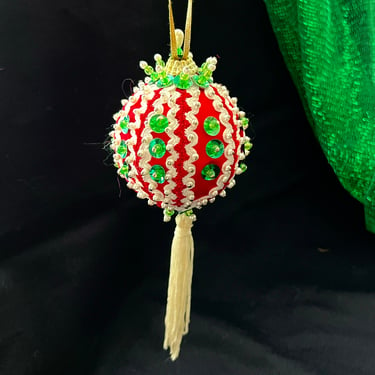 Ornate Beaded Christmas Ornament, Fringe Tassel, Mid Century Holiday Decor, Vintage 60s 70s 