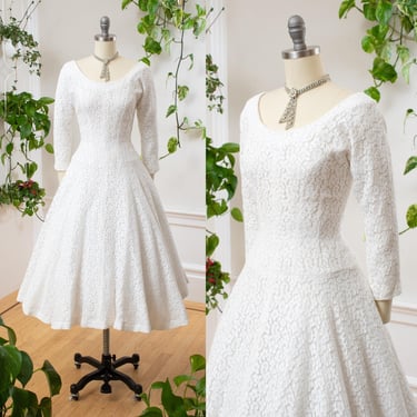 Vintage 1950s Wedding Gown | 50s White Lace Three Quarter Sleeve Full Skirt Minimalist Swing Midi Special Occasion Bridal Dress | small 
