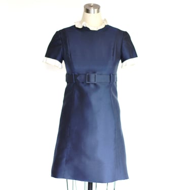 1960s Gino Charles Structured Silk Mini Dress with Ruffle Trim - Vintage I. Magnin Tailored A-Line Party Dress with Pockets - Small 