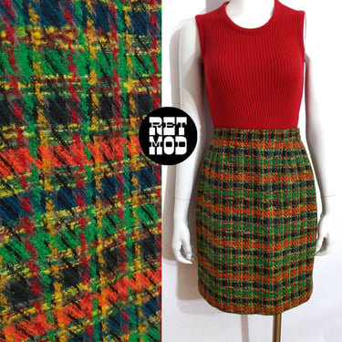 Unique Vintage 80s 90s Green Orange Plaid Tweed Pencil Skirt by Carlisle 