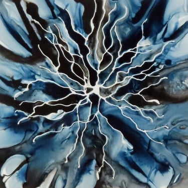 Retinal Neuron in Black and Indigo - original ink painting of ganglia- neuroscience art 