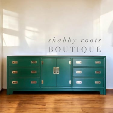NEW! Vintage Campaign Dresser in Emerald Green  triple long dresser Chest by Heritage - Mid Century Modern - San Francisco Bay Area by Shab