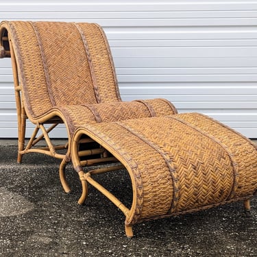 Vintage Bohemian Woven Reed Lounge Chair and Ottoman Set 