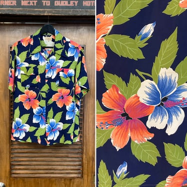Vintage 1940’s Floral Design Silky Rayon Hawaiian Shirt, Hollywood Label, 40’s Loop Collar, Vintage Clothing 
