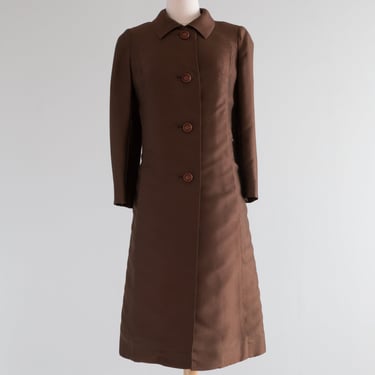 Elegant 1960's Chocolate Silk Two Piece Dress &amp; Coat Set By Robert Leonard / ML