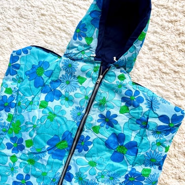 Vintage 1960s Flower Power Sleeping Bag / 60s Groovy Floral Blue and Green Sleeping Bag Hooded / Metal Zipper 