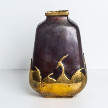 Handmade Art Deco Bronze Vase with Herons Overlay