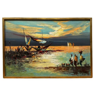 &quot;African Coastal Scene&quot; Expressionist Landscape Oil Painting on Canvas