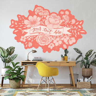 Customizable Wall Decal | Coral Peony & Rose Floral Banner | Multiple Sizes Available | Personalized Words or Text 