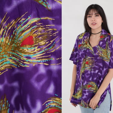 Peacock Feather Print Shirt 70s Psychedelic Blouse Purple White Abstract Print Collared Top Disco Groovy Short Sleeve Vintage 1970s Large 