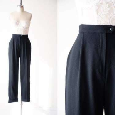 high waisted pants | 90s vintage Gianni black wool dark academia pleated straight leg trousers 