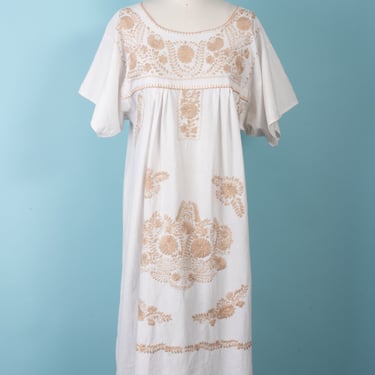 1970s Mexican White Cotton Kaftan Dress with Tan Embroidery 