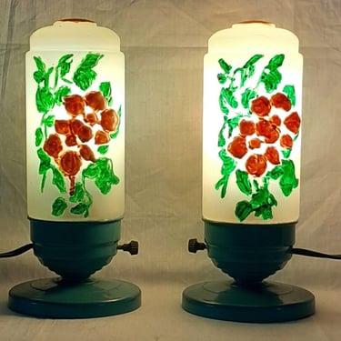 PAIR Vintage 1940s Night Lights Bedside Table Lamps w/Hand Painted Glass Shade Art Deco Mid Century 