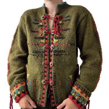 Newari Womens Hand Knit In Nepal Green Chunky Wool Hippie Cardigan Sweater Sz M 