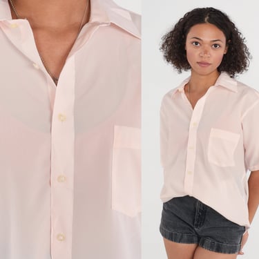 Baby Pink Shirt 80s Button Up Shirt Semi-Sheer Collared Basic Retro Preppy Short Sleeve Minimal Summer Plain Top Vintage 1980s Mens Large 16 