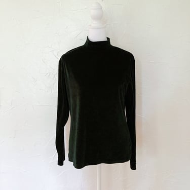 90s Forest Green Velvet Mockneck Long Sleeve Top | Large/Extra Large 