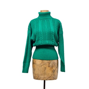 Vintage 1980s Kelly Green Cable Knit Turtleneck, Contempo Casuals Chunky, Acrylic-Wool Pullover w/Wide Ribbed Waist, Small-Medium, VFG 