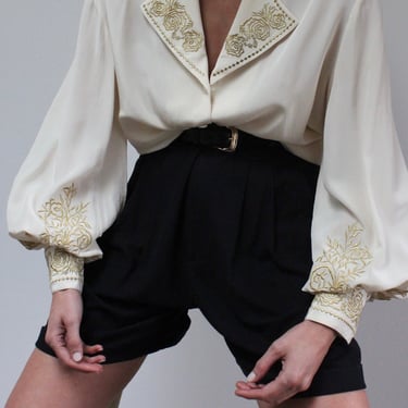 Vintage Diane Von Furstenberg Embroidered Silk Balloon Sleeve Blouse