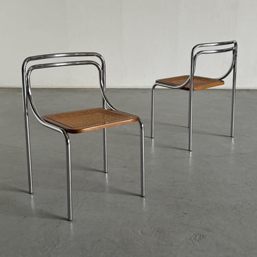 Pair of Vintage Bauhaus Style Dining Chairs in Cane and Chromed Steel, Mid-Century Modern, 1970s Italy 