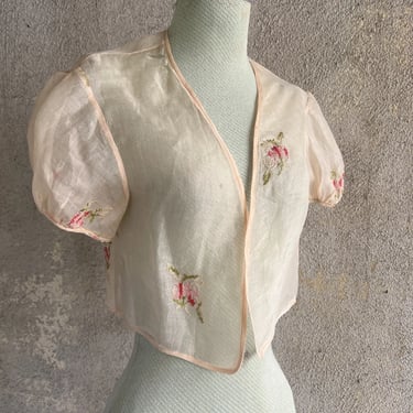 Vintage 1930s Pink Organza Puff Sleeve Blouse Rose Flower Embroidery Dress Top