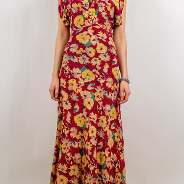 1930s Floral Rayon Satin Split Sleeve Gown