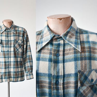 Vintage Teal Plaid Shirt / Vintage Teal Wool Flannel Shirt / Vintage 1970s Menswear / 70s Wool Plaid Shirt / Teal Wool Plaid Shirt Large 