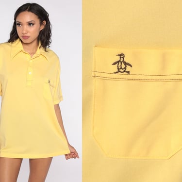 Munsingwear Polo Shirt Yellow PENGUIN Shirt 70s Shirt Half Button Up Collared Pocket 1970s Short Sleeve Grand Slam Vintage Large L 