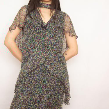 1980s Holly's Harp Abstract Floral Chiffon Layered Dress 