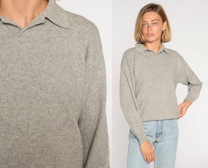 Grey Cashmere Sweater Y2k Knit Polo Sweater Wool Silk Blend Pullover Jumper Retro Neutral Basic Simple Plain Collared Vintage 00s Medium M 