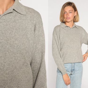 Grey Cashmere Sweater Y2k Knit Polo Sweater Wool Silk Blend Pullover Jumper Retro Neutral Basic Simple Plain Collared Vintage 00s Medium M 