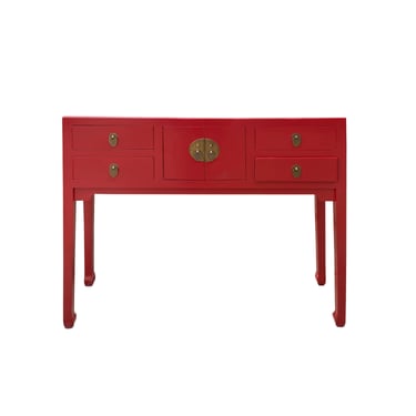 Chinese Brick Red Lacquer 4 Drawers Slim Narrow Foyer Side Table cs7523E 