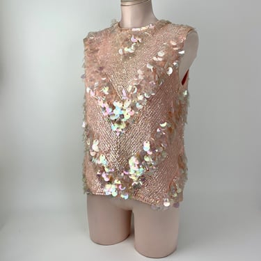 1960'S Sequined Top - Iridescent Pink Colors - Mod Styling - Wool Knit - Satin Lining - Zipper Back - Women's Size MEDIUM 