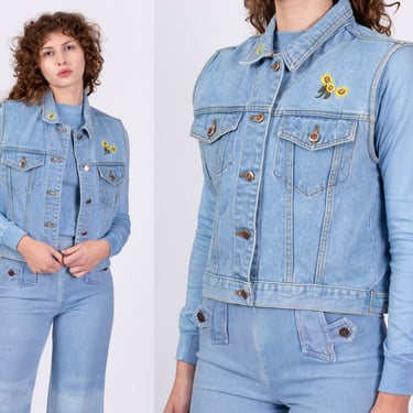 90s Sunflower Embroidered Denim Vest - Medium | Vintage Blue Jean Sleeveless Button Up Cropped Jacket 