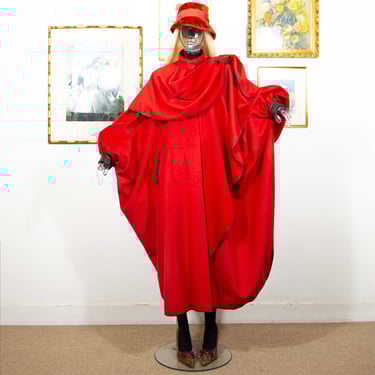 Vintage 1980s Red Avant-Garde Sculptural Cocoon Cape Maximalist Fashion Dramatic Wool Drape Coat With Scarf One Size Fit Most 