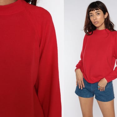 Red Sweater 70s Knit Sweater Lightweight Mock Neck Sweater Raglan Sleeve Pullover Jumper Plain 1970s Vintage Medium Large 