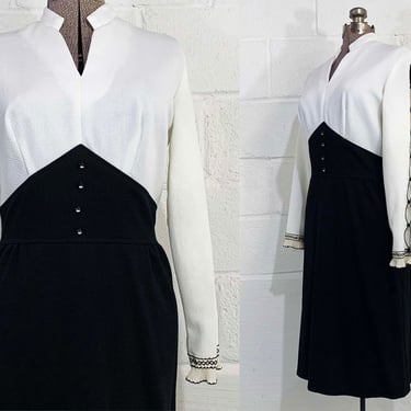 Vintage Black A-Line Dress White Peekaboo Sleeves 60s 1960s Mini White Mod Twiggy Long Sleeve Mini Scooter Party Evening Medium Large 