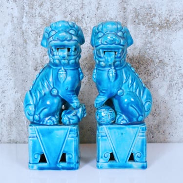 Pair of Turquoise Foo Dog Figurines - Hollywood Regency Decor 