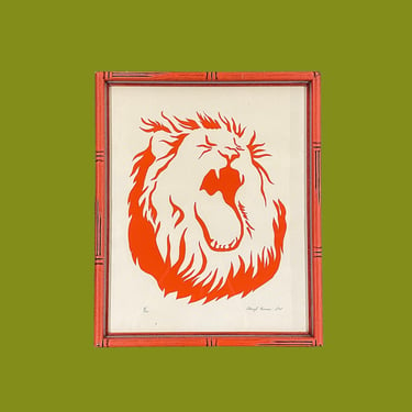 Vintage Lion Screenprint 1970s Retro Size 17x14 Contemporary + Red Orange + On Paper + Jungle Cat + Wild Animal + MCM Home and Wall Decor 