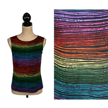 Y2K Rainbow Striped Tank Top Small | Slinky Thin Knit Sleeveless Blouse | 2000s Clothes for Women | Vintage Petite from Laura Ashley 