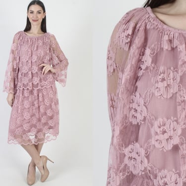 Sheer Pink Lace Bridal Dress, Romantic Wedding Gown, Angel Bell Sleeves, Loose Fitting Midi 