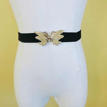 1970s Vintage Black and Gold Butterfly Belt / 70s / Seventies / Metal Disco Stretch Belt / One Size 