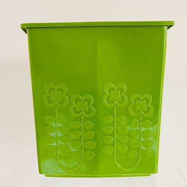 Vintage 1970s Retro Groovy Flower Power Green Plastic LOMA Waste Basket Trash Can 