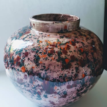 Retro GROOVY multi color ceramic Splatter bowl vase 1980s Home Decor Pink Teal Orange Black 