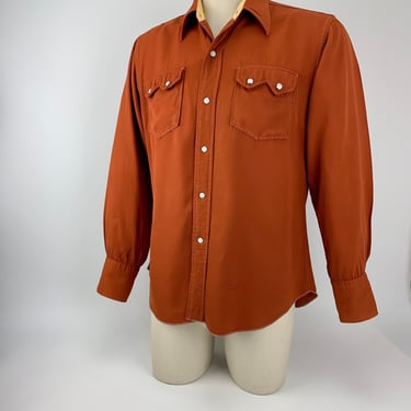 1940'S Western Shirt- Rusty Brown Rayon Gabardine - Metal Snaps with Marble Stones - Men's Medium 