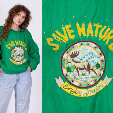 80s Green "Save Nature" Puffy Sweatshirt - One Size | Vintage JouJou Long Sleeve Slouchy Sequin Moose Graphic Pullover 