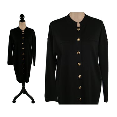 Long Sleeve Black Knit Midi Dress Large Petite, Nehru Mandarin Collar Modest Button Up Shift, Winter Dresses for Women Vintage LIZ CLAIBORNE 