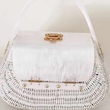 1960s White Lucite Basketweave Handbag Purse Picnic Style Shabby Chic Cottagecore Prairie Lorraine 
