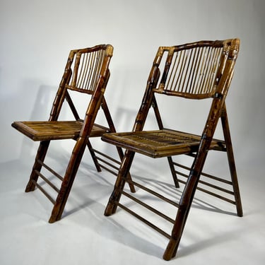 Vintage Contemporary Coastal Chinoiserie Burnished Bamboo + Reed Folding Chairs - a Pair 