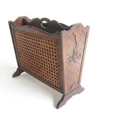 Gorgeous Wood Carved French Midcentury Antique Style Magazine Rack With Rattan Newspaper Stand Magazine Holder Reading Basket 1950s 