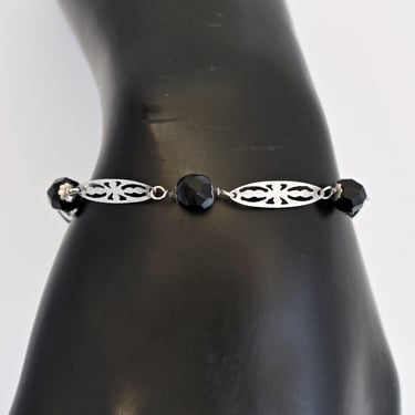 70's Art Nouveau style sterling links bead bracelet, black glass pointed 925 silver ovals goth stacker 